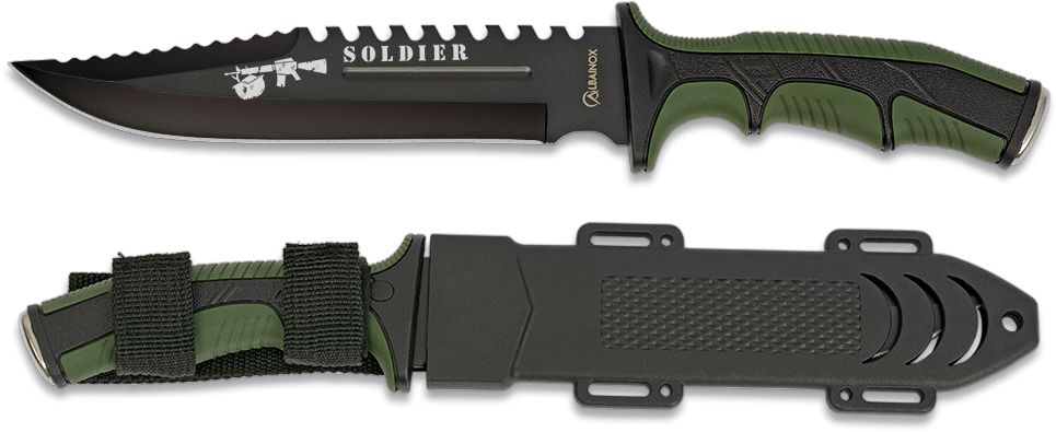 Cuchillo Táctico Soldier Verde – Hoja 19 cm, sierra, funda ABS/nylon