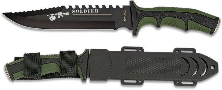 Cuchillo Táctico Soldier Verde – Hoja 19 cm, sierra, funda ABS/nylon