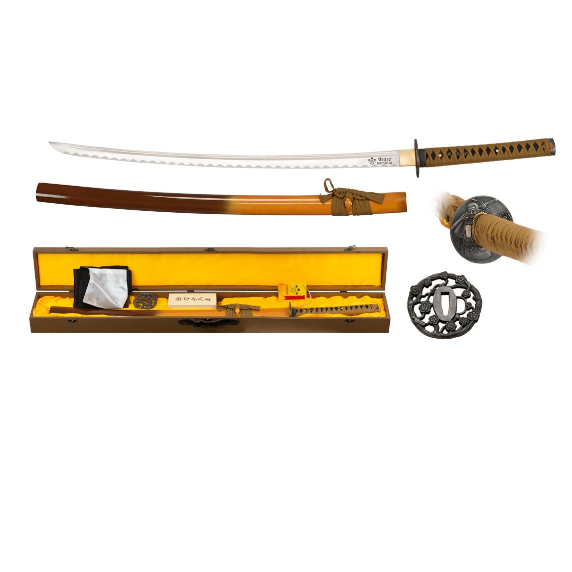 Katana Asano laqué marron avec étui, boite, 2 tsubas et kit de nettoyage