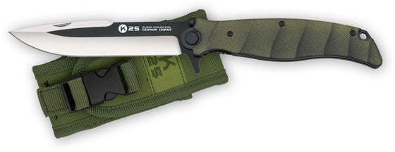 Navaja K25 G10 Verde – Hoja 13 cm, Liner Lock, acabado titanio