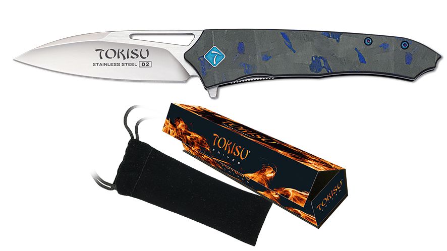 Navaja táctica Tokisu D2 con mango G10 y fibra de carbono azul