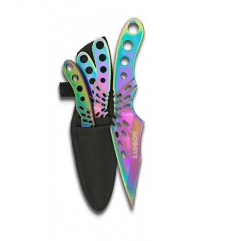 Lot de 3 Kunais ou Lanceurs de Couteaux arc-en-ciel avec fourreau 17cm