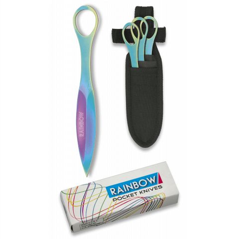 Conjunto de 3 Kunais ou Atiradores de Facas arco-íris com bainha