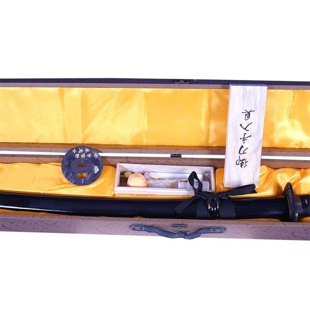 Katana negra con funda caja 2 tsubas y kit de limpieza