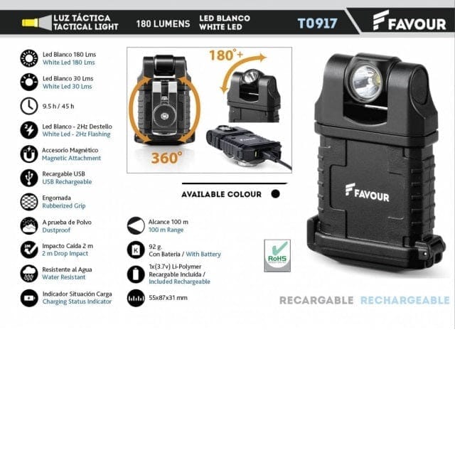 Linterna Led Magnética Recargable USB 180LM. Negra