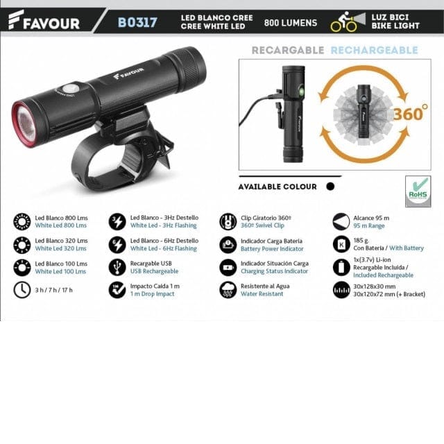 Linterna aluminio Recargable USB 850LM. Negra